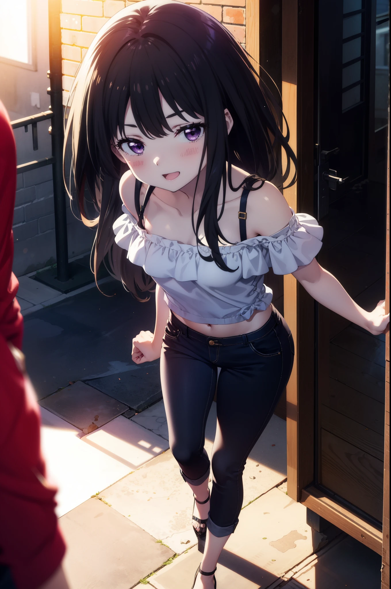 Takiuchi, Check it out, Long Hair, bangs, Black Hair, (Purple eyes:1.2),happy smile, smile, Open your mouth,
hair band,Cord off-shoulder top,Short sleeve,skinny pants,Stiletto heels,morning,morning陽,The sun is rising,Walking,whole bodyがイラストに入るように,Looking down from above,
break outdoors, In town,Building district,
break looking at viewer, whole body,
break (masterpiece:1.2), highest quality, High resolution, unity 8k wallpaper, (figure:0.8), (Beautiful fine details:1.6), Highly detailed face, Perfect lighting, Highly detailed CG, (Perfect hands, Perfect Anatomy),