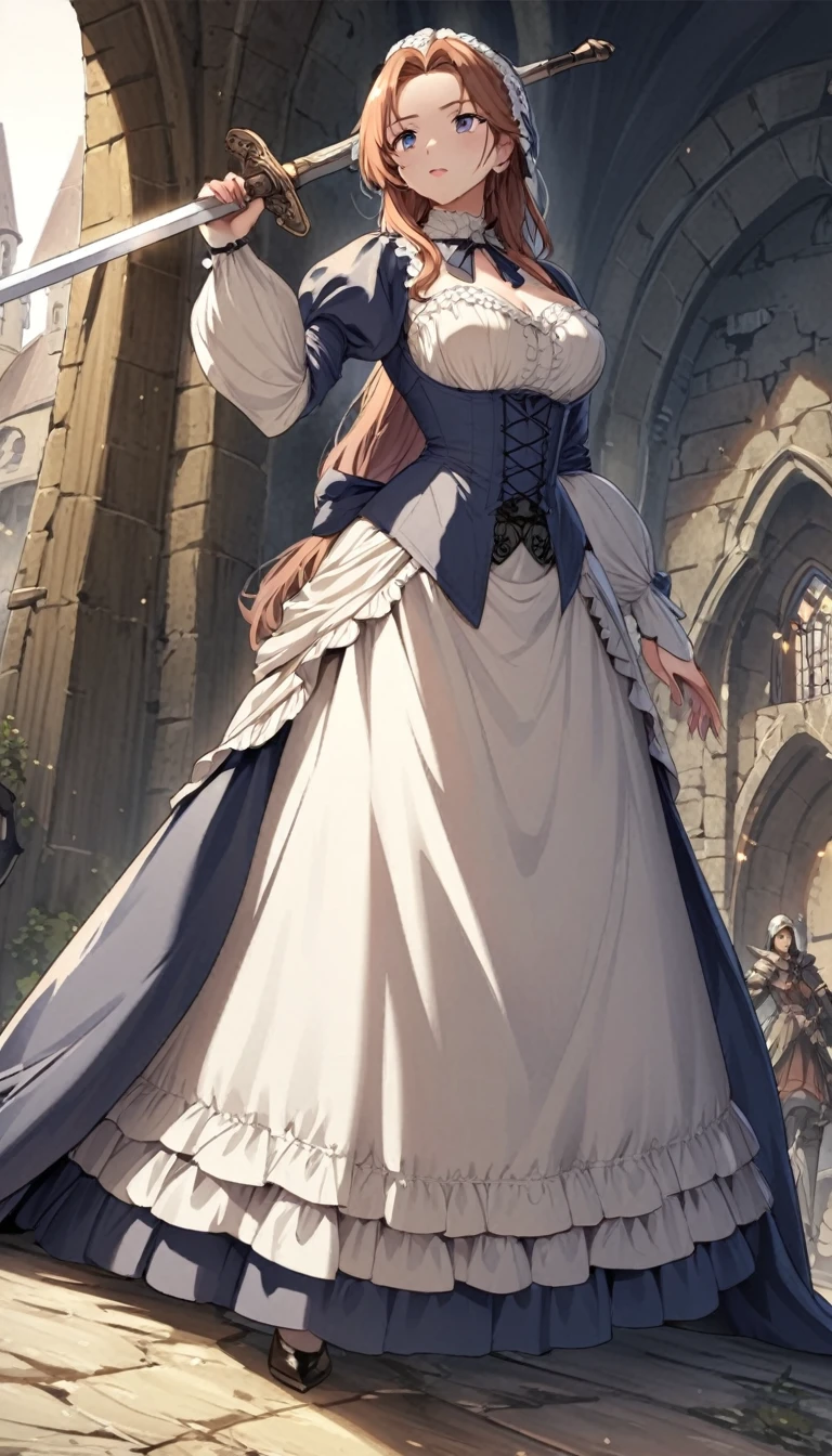 a woman standing in a medieval fantasy scene, detailed anime style, elegant victorian era dress, holding a sword, low angle view