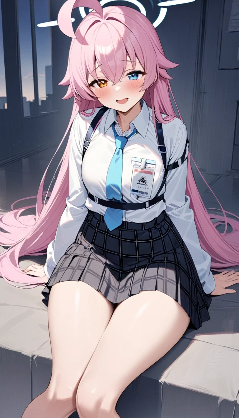 One girl, Hoshino (Blue Archive), alone, Heterochromia iridis, Pink Hair, skirt, Long Hair, tie, Ahoge, shirt, Hello, Plaid skirt, blue eyes, Plaid,  View Viewer, white shirt, Sitting, Orange eyes, chest Harness, Harness, Long sleeve, ID card, Open your mouth, very Long Hair, collared shirt, smile, blue tie, bangs, The legs are off the frame, Between the legs, hand Between the legs, blush, Hair between the eyes, High resolution,masterpiece, highest quality