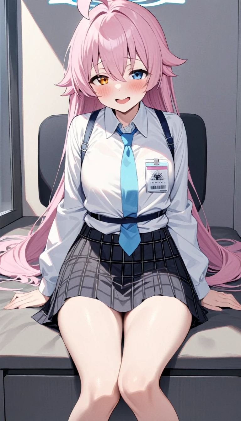 One girl, Hoshino (Blue Archive), alone, Heterochromia iridis, Pink Hair, skirt, Long Hair, tie, Ahoge, shirt, Hello, Plaid skirt, blue eyes, Plaid,  View Viewer, white shirt, Sitting, Orange eyes, chest Harness, Harness, Long sleeve, ID card, Open your mouth, very Long Hair, collared shirt, smile, blue tie, bangs, The legs are off the frame, Between the legs, hand Between the legs, blush, Hair between the eyes, High resolution,masterpiece, highest quality