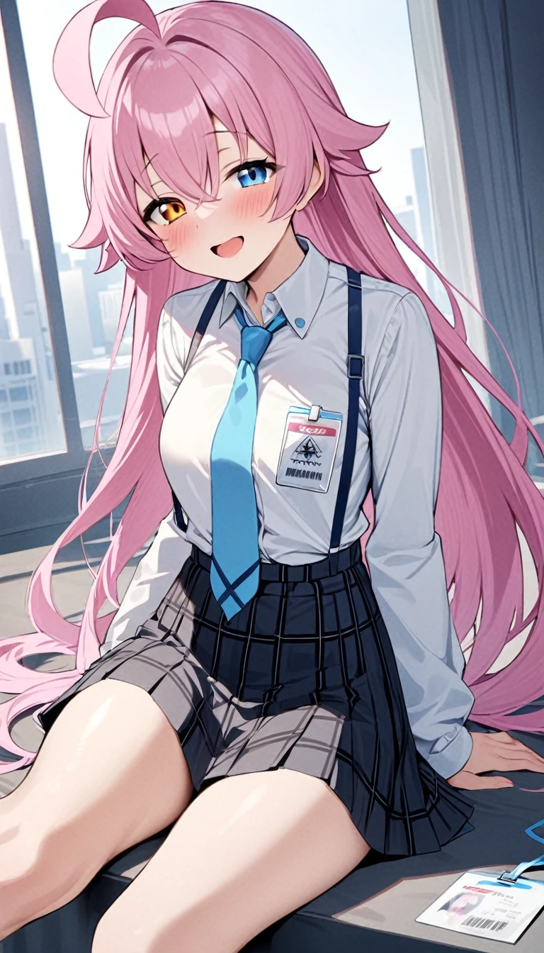 One girl, Hoshino (Blue Archive), alone, Heterochromia iridis, Pink Hair, skirt, Long Hair, tie, Ahoge, shirt, Hello, Plaid skirt, blue eyes, Plaid,  View Viewer, white shirt, Sitting, Orange eyes, chest Harness, Harness, Long sleeve, ID card, Open your mouth, very Long Hair, collared shirt, smile, blue tie, bangs, The legs are off the frame, Between the legs, hand Between the legs, blush, Hair between the eyes, High resolution,masterpiece, highest quality