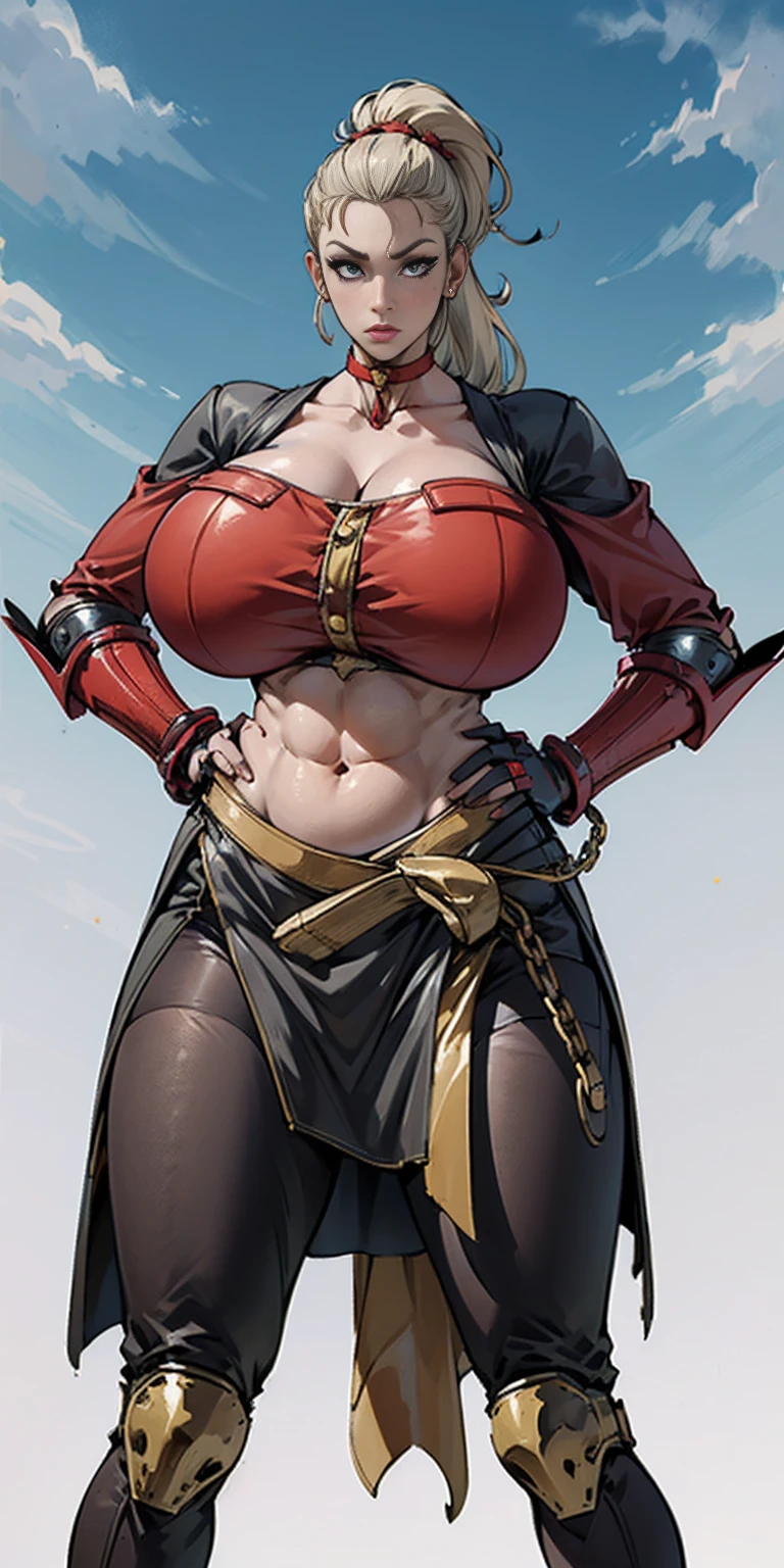 masterpiece, best quality, detailed:1.2),Perfect female body,1girl,Kratos, female focus,white long hair,(seductive smile),(scornful eyes),pale skin, armor,red cape, tattoo,navel,thigh strap,fire,weapon, single pauldron,breast curtains, huge breasts,(areola slip), sweatiest,quiver, torch,
