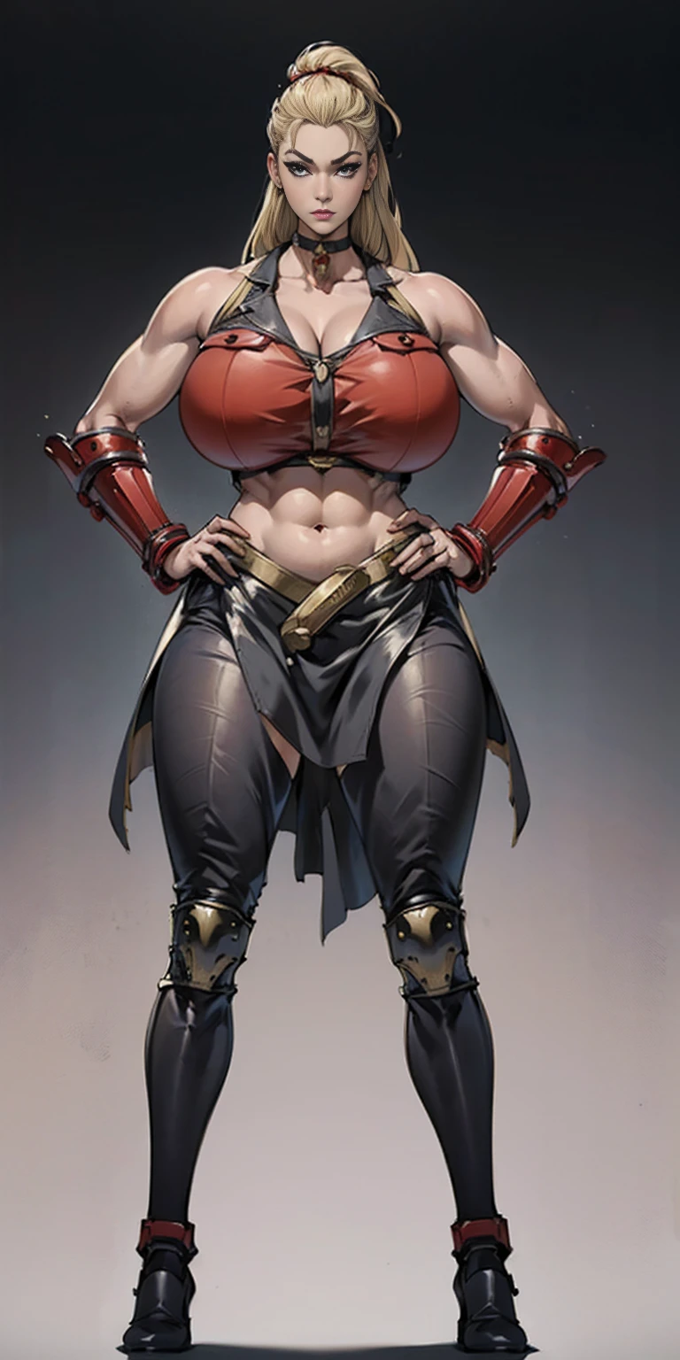 ((Masterpiece, plain background:1.2)) (Cammy White Street Fighter 6) Female full body standing straight symmetrical looking to the viewer RED full body armored (handcuffs, shackles, rerebrace, faulds, poleyn, gauntlets, leather collar choker) big belt under belly button, navel, belt over belly button, ((hands on hips)), loincloth, pinched eyes (big-:1.5) thin legs, thin body, view from below open legs showing crotch