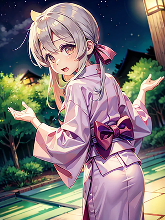 High resolution, highest quality,Hakata yukata、Yukata taken half、Lying Girl、Embarrassing、Deserted park at night、