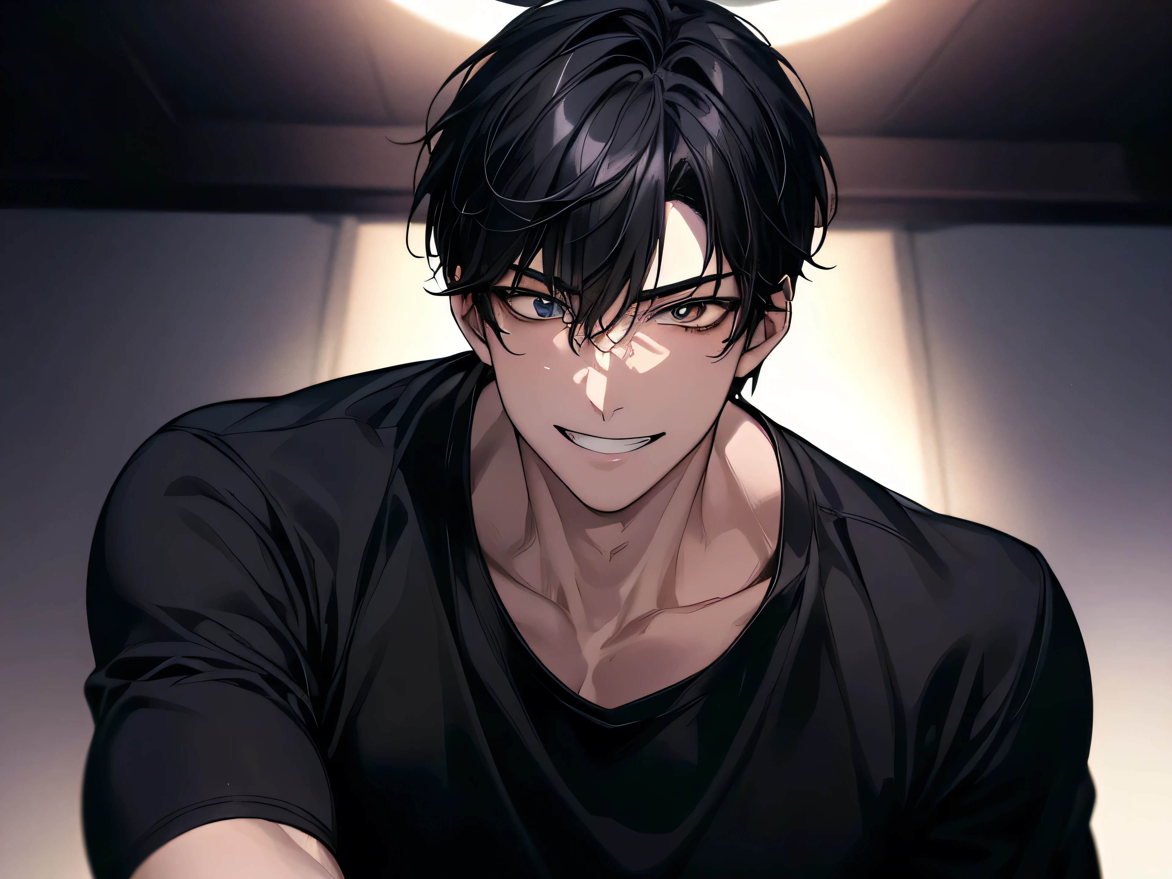 masterpiece,Midnight,Upper Body, Face close-up,30-year-old male,1 boy、grin,Black Hair、Black Shirt,,From below,Angle from below,Excited,A tense look,Background Night,ceiling