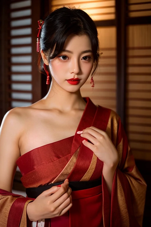 girl、Beauty、Red colored kimono、Exposing shoulders、Slender body、girl座り、looking at the camera、Tatami room、Powder、Shoji screen、tatami、Dark atmosphere、candle、Oiran、Tied hairstyle、hairpin、Close-up、Red lips