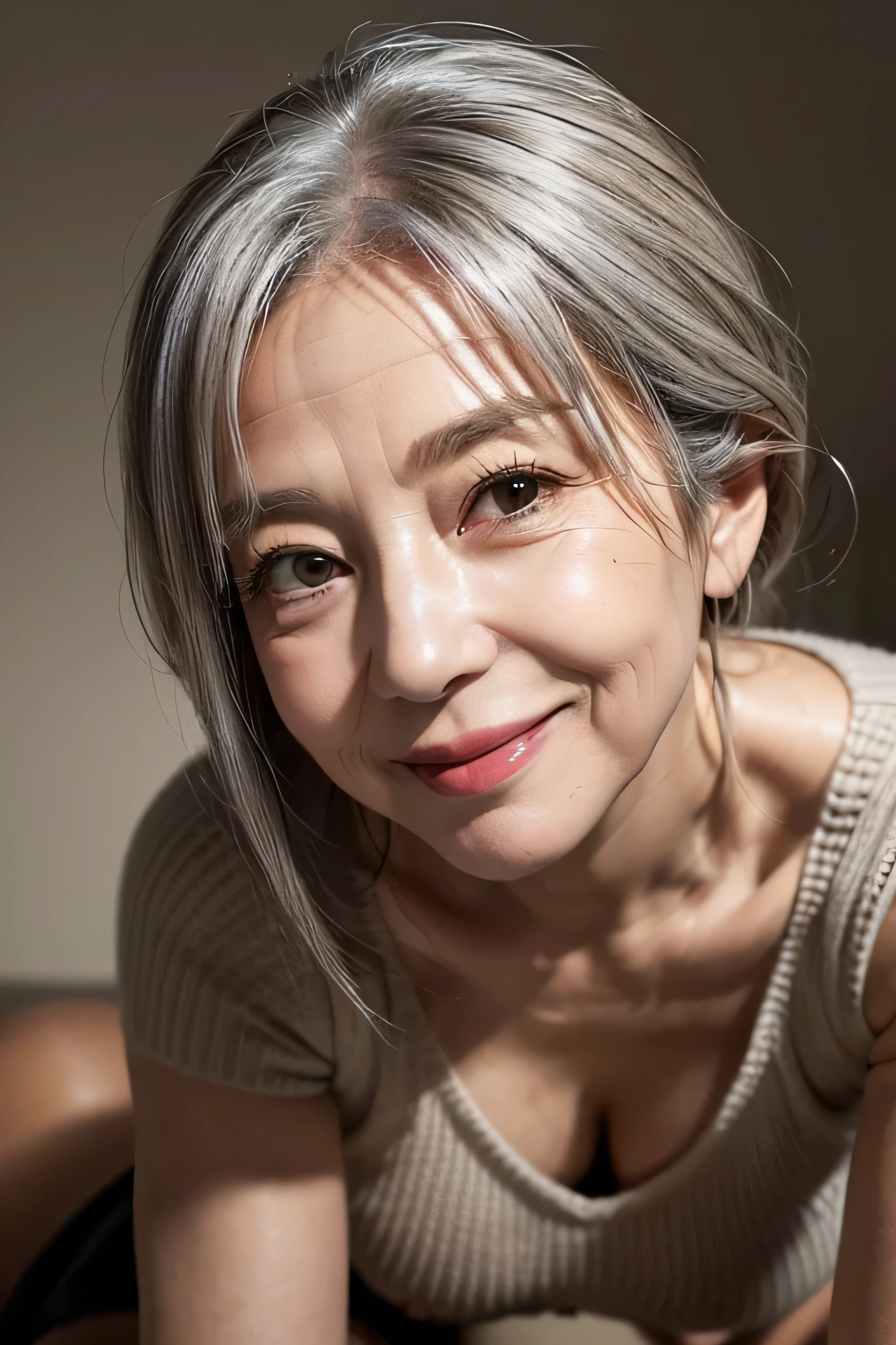 (((realistic,masterpiece))),(65 years old:1.4),silver hair,(there are many wrinkles on her face:1.3),old woman,((brown one-piece knit,miniskirt)),smile,wave hair,erotic face,Enhance,make room,(((Composition from below,under view))),under view