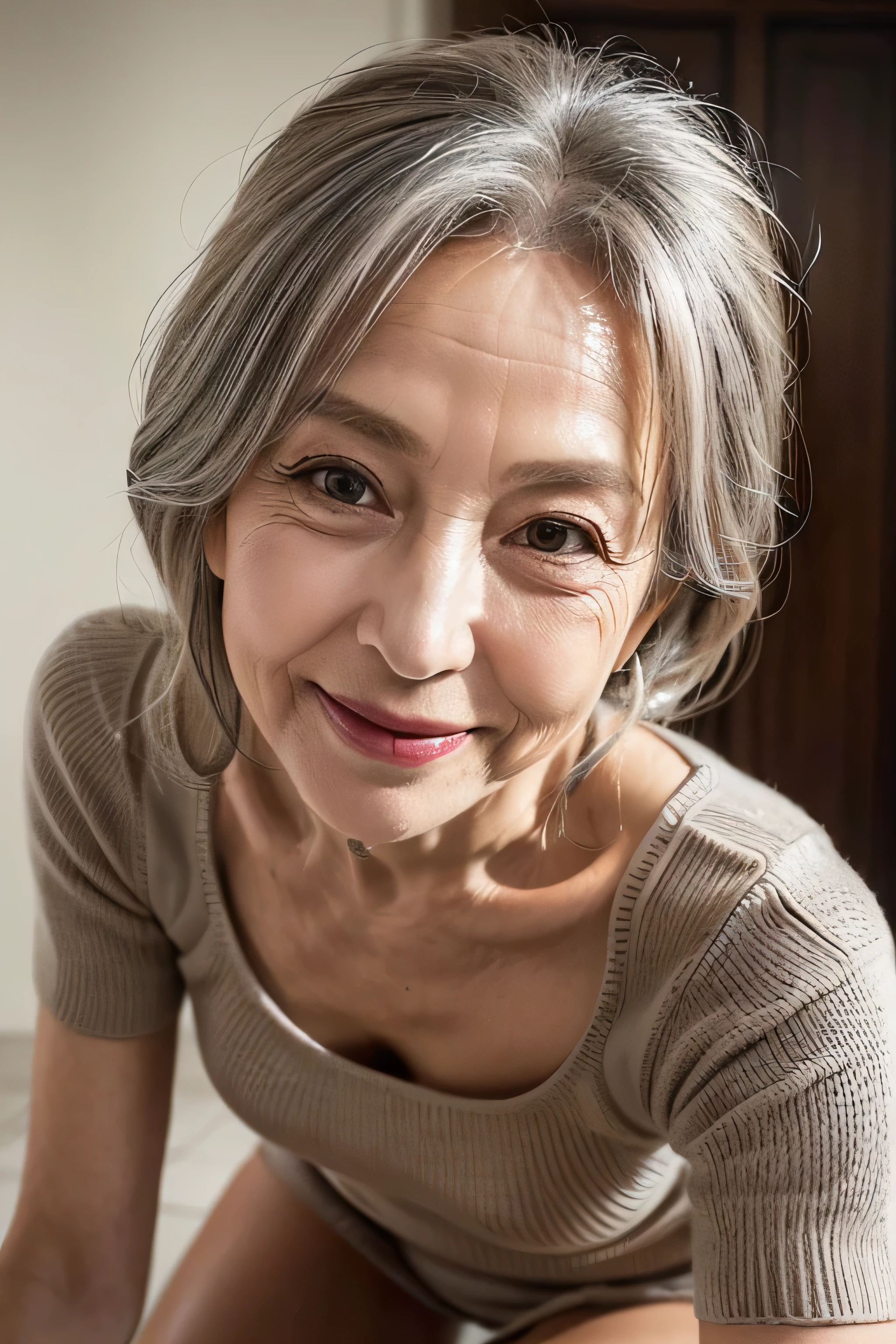 (((realistic,masterpiece))),(65 years old:1.4),silver hair,(there are many wrinkles on her face:1.3),old woman,((brown one-piece knit,miniskirt)),smile,wave hair,erotic face,Enhance,make room,(((Composition from below,under view))),under view