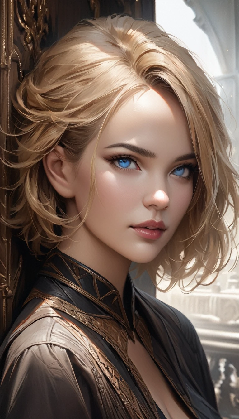 (masterpiece: 1.2, highest quality), Realistic, (Realistic Picture, Intricate details, Depth of written boundary), highest quality, masterpiece, Very detailed, Semi Realistic, 1 girl, Mature Woman, 21 years old, Blonde Short Hair, The left eye is covered with hair, blue eyes, King&#39;s Clothes, Red Cape, Slim figure, A crown made of precious gold, Document reading and markup, Goose hair pen, Office Table, Soft bench