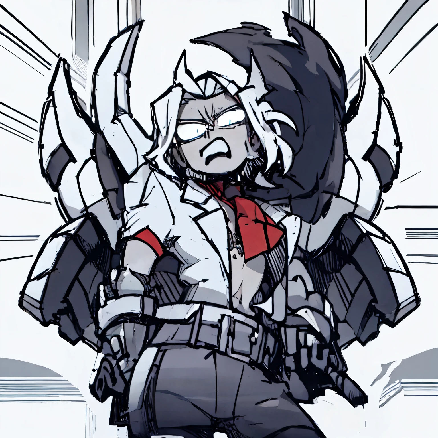 Personagem masculino, medium white hair down to the neck, uma mecha um pouco maior na lateral, olhos vermelhos bonitos nao muito grande, camisa vermelha e uma jaqueta preta com gola um pouco alta, left arm a black and a red bracelet, calca preta nao muito justa e tenis vermelho, estudante, 16 anos, bonito, corpo esguil ((4k, lindo, perfeito, master piece))