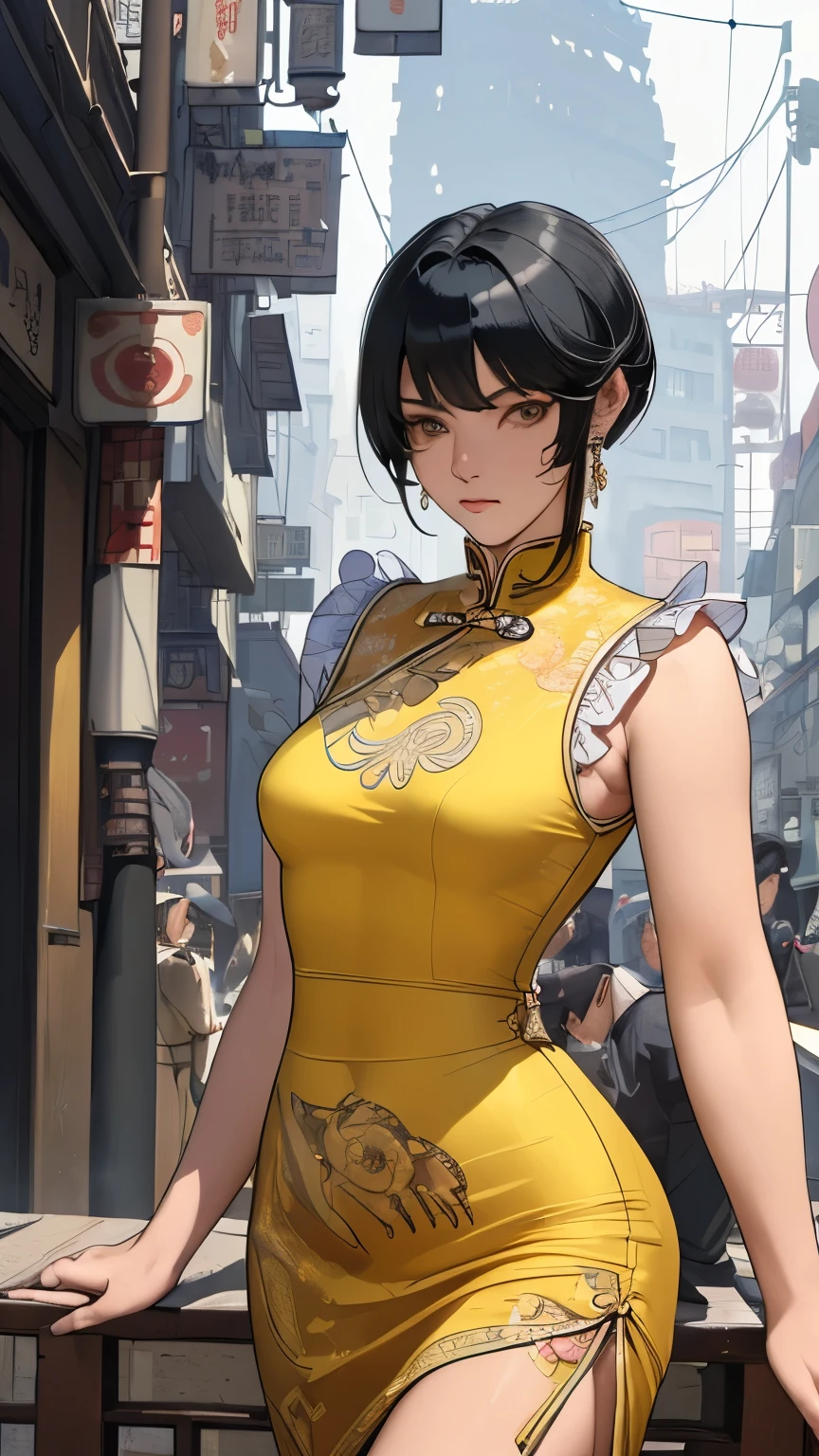 (masterpiece, best quality:1.2),((photoreal:1.1)),perfect anatomy,((solo:1.5)), ((alone:1.4)),((1 middle age woman:1.5)),(1 MILF),perfect eyes,((Yaoyorozu Momo)), ((looking at viewer:1.4)),((horizontal angle)),((view from the front:1.4)),(straight-on),shooting from front,lighting from front,((sagging small breasts)),((Piutuary small breasts:1.4)),((muscular:1.2),((do not hide your crotch:1.4)),(cod lips),((standing:1.3)),(holding your head high),((hands on hip bone:1.3)),delicate and beautiful,ponytail hair,high heel,((rubber chinese dress:1.3)),((beige rubber dress)),((long skirt:1.3)),detailed hair,