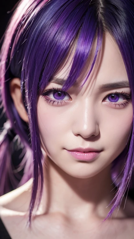 smile, colored inner hair, purple hair, hime cut, mismatched pupils, furrowed brow, longeyelashes, first-person view, Surrealism, anatomically correct, textured skin, super detail, highres
