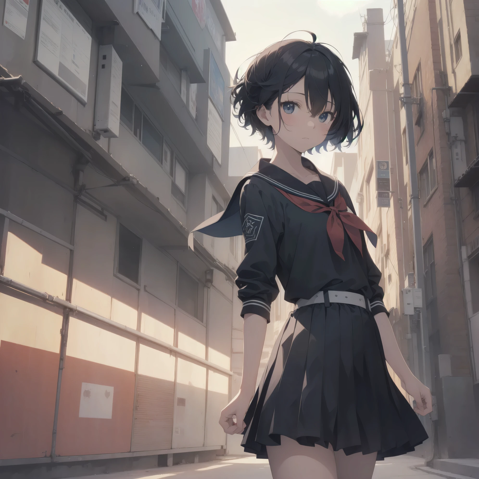 ultra-absurdres-Top quality by artist God, ultra-detailed, high resolution, anime moe artstyle, best anime 8k konachan wallpaper, pixiv contest winner, pool:2810, perfect anatomy,break, 1girl, (Please draw a girl walking sleepily to school alone. )break,(Solo,little female, 13-year-old:1.3),Full limbs, complete fingers,a junior high school student, (very short hair), short cut, flat chest, , small butt, small black eyes, beautiful detailed eyes, well-proportioned iris and pupils, expressive eyes, highres detailed hair, soft expression, salor school_uniform, sailor collar, serahuku, bow, pleated skirt,(Detailed Lighting), (Detailed background), in the School commute route. break,super detailed skin, Best cinematic lighting powered by famous artist, 8k,beauty illustration,photoshop_(medium),very aesthetic,break,((artist:sofra )), artist:clamp ,artist:carnelian ,artist:kantoku ,