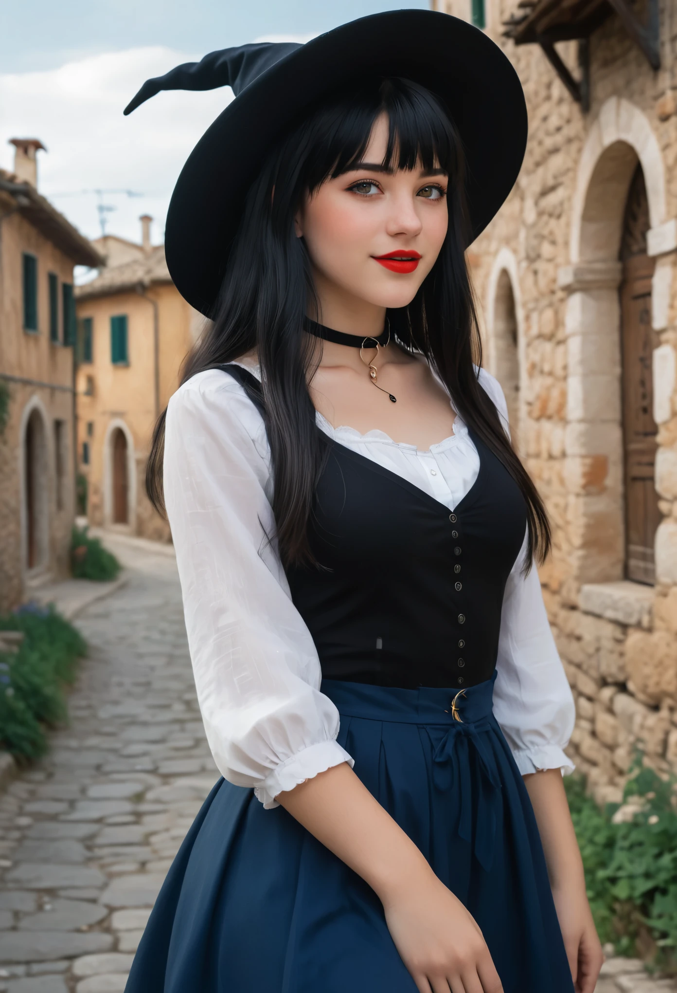 1girl,witch, (hair bangs), braids, side view,full body, , bright picture, cute italian girl, blue,(black hair), facing the camera, highly detailed, epic, (straight hair:1.7), gorgeous, film, Ultra High Resolution, wallpaper, 8K,Rich texture details, hyper detailed, detailed eyes, detailed background, dramatic angle, epic composition, award winning photo, (black choker:1.3), long hair, freckles, (18 year old girl), (mad:1.7), red lips, (smirk:1.7)