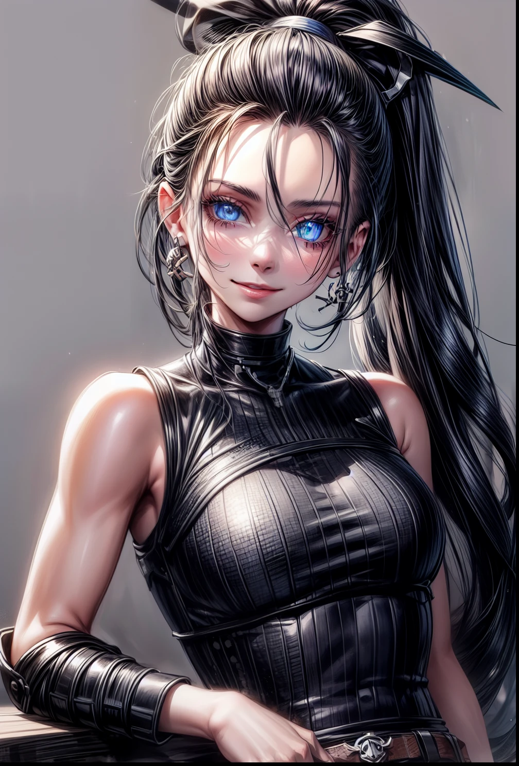 1girl, Long black hair, high ponytail, blue eyes, Smile, beatiful face, bodyarmor, Sleeveless, Drawing of the skull, Jeans, circuits, arma, brawn, Punisher Seal, tattoo, Masterpiece, hiquality, 4k, HD, Good detail