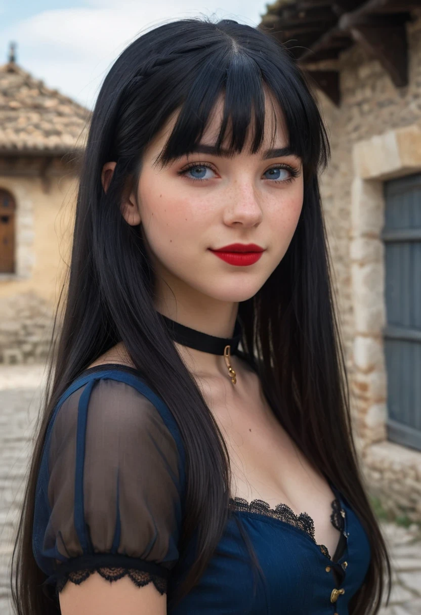 1girl,witch, (hair bangs), braids, side view,full body, , bright picture, cute italian girl, blue,(black hair), facing the camera, highly detailed, epic, (straight hair:1.7), gorgeous, film, Ultra High Resolution, wallpaper, 8K,Rich texture details, hyper detailed, detailed eyes, detailed background, dramatic angle, epic composition, award winning photo, (black choker:1.3), long hair, freckles, (18 year old girl), (mad:1.7), red lips, (smirk:1.7)