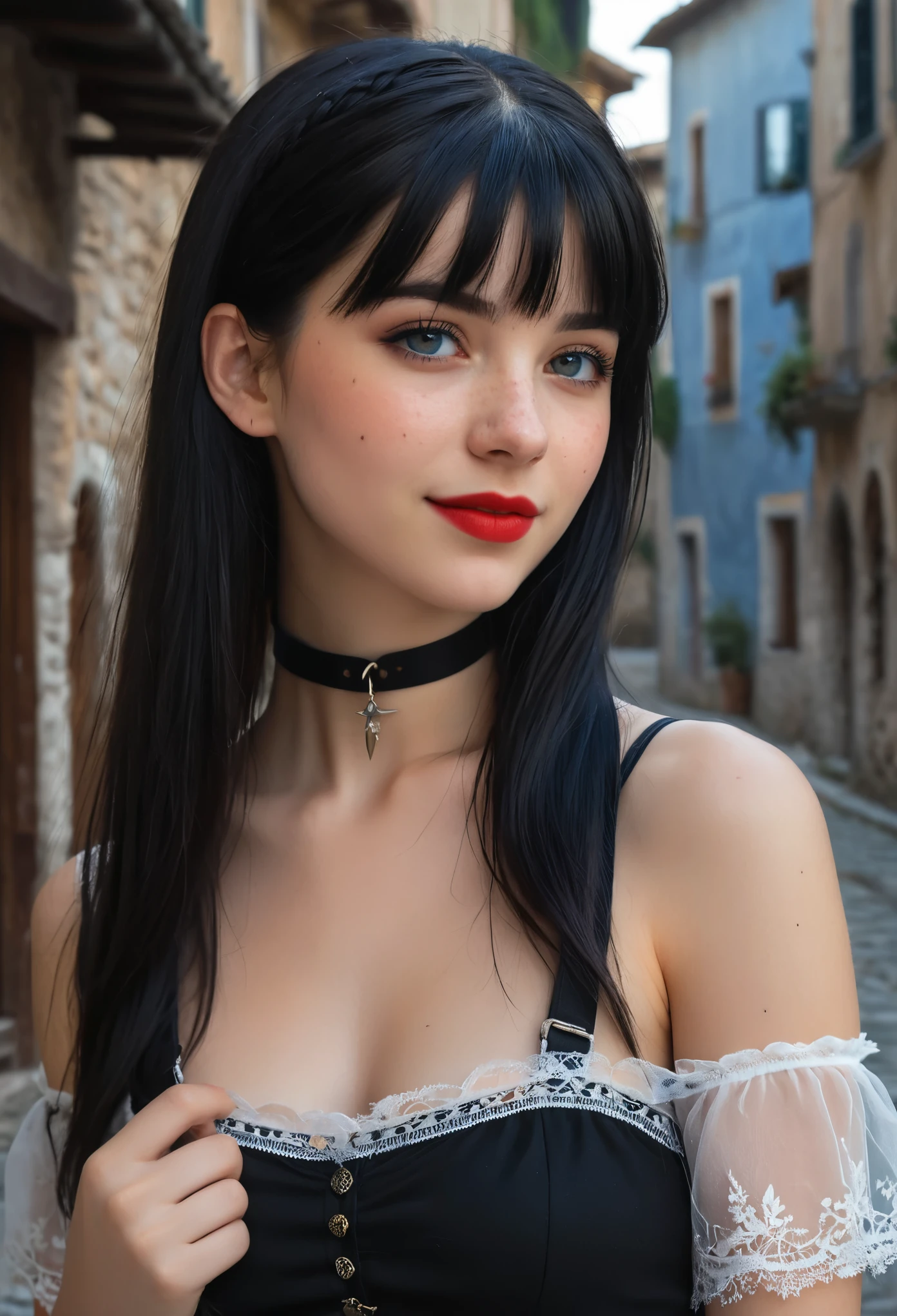 1girl,witch, (hair bangs), braids, side view,full body, , bright picture, cute italian girl, blue,(black hair), facing the camera, highly detailed, epic, (straight hair:1.7), gorgeous, film, Ultra High Resolution, wallpaper, 8K,Rich texture details, hyper detailed, detailed eyes, detailed background, dramatic angle, epic composition, award winning photo, (black choker:1.3), long hair, freckles, (18 year old girl), (mad:1.7), red lips, (smirk:1.7)