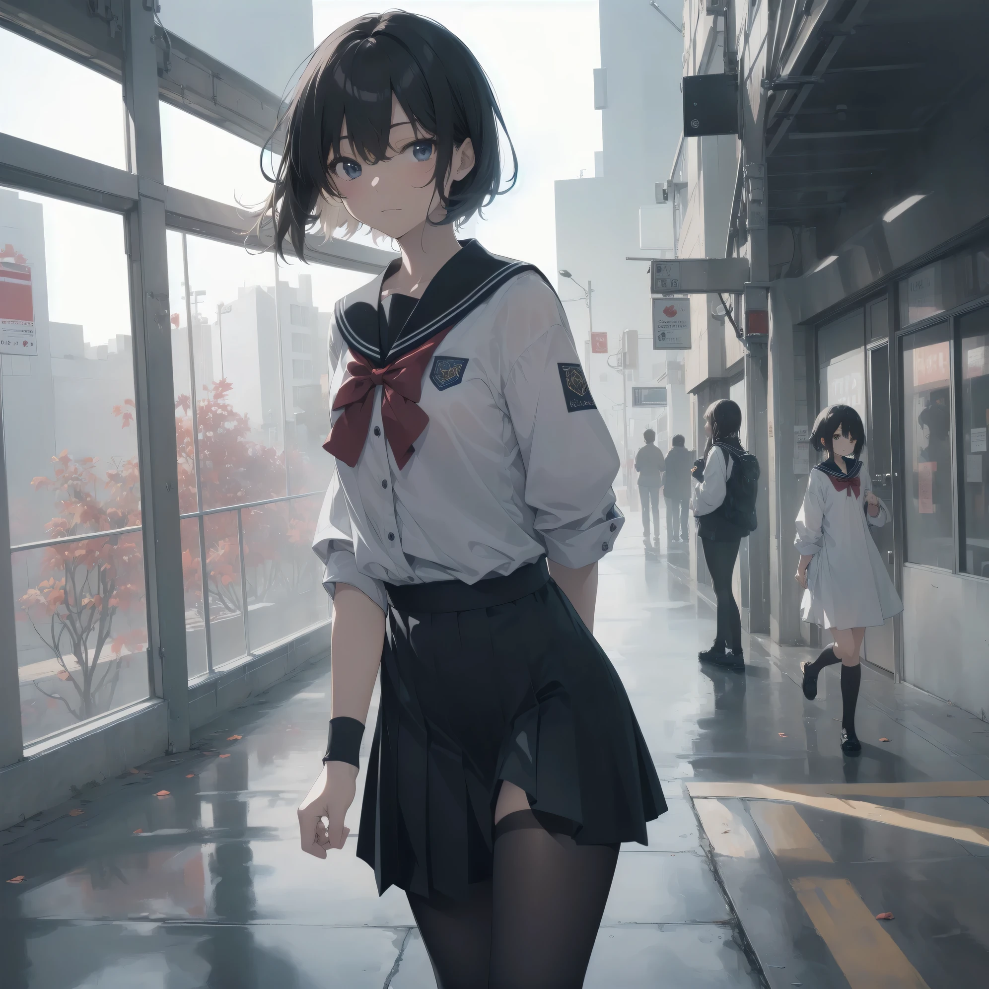 ultra-absurdres-Top quality by artist God, ultra-detailed, high resolution, anime moe artstyle, best anime 8k konachan wallpaper, pixiv contest winner, pool:2810, perfect anatomy,break, 1girl, (Please draw a girl walking sleepily to school alone. )break,(Solo,little female, 13-year-old:1.3),Full limbs, complete fingers,a junior high school student, (very short hair), short cut, flat chest, , small butt, small black eyes, beautiful detailed eyes, well-proportioned iris and pupils, expressive eyes, highres detailed hair, soft expression, salor school_uniform, sailor collar, serahuku, bow, pleated skirt,(Detailed Lighting), (Detailed background), in the School commute route. break,super detailed skin, Best cinematic lighting powered by famous artist, 8k,beauty illustration,photoshop_(medium),very aesthetic,break,((artist:sofra )), artist:clamp ,artist:carnelian ,artist:kantoku ,
