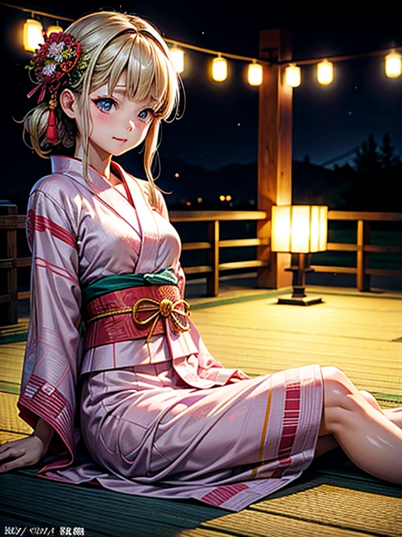 High resolution, highest quality,Hakata yukata、Yukata taken half、Lying Girl、Embarrassing、Deserted park at night、