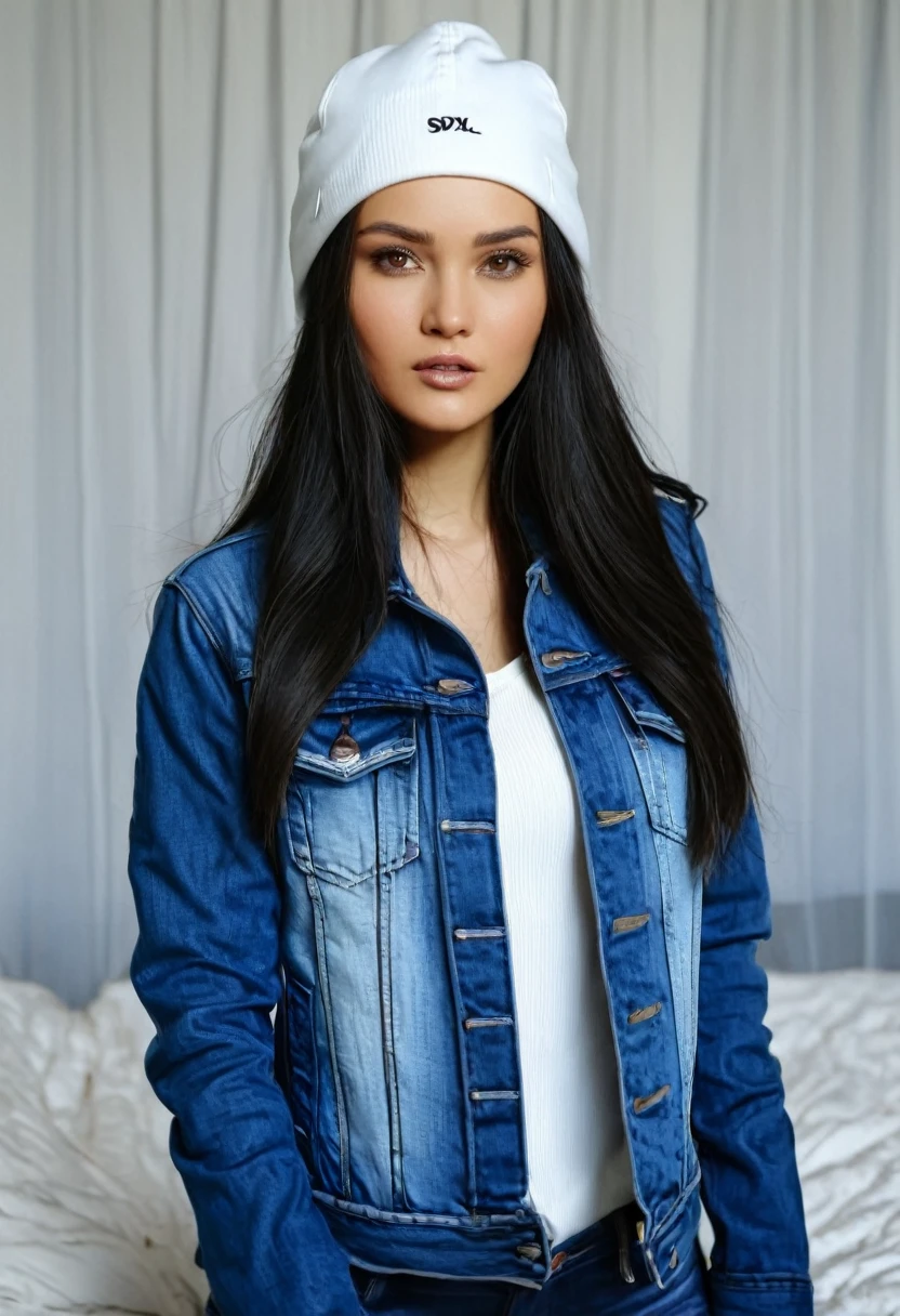 European Woman with long dark hair in denim blue jacket, in room, woman wearing white cap on her head , ultra-detailed Photo, photo SDXL 