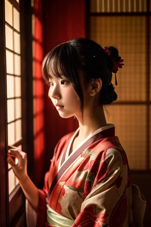 girl、Beauty、Red colored kimono、Exposing shoulders、Slender body、girl座り、Look this way、Tatami room、Shoji screen、tatami、Dark atmosphere、candle、Tied hairstyle、hairpin、Close-up