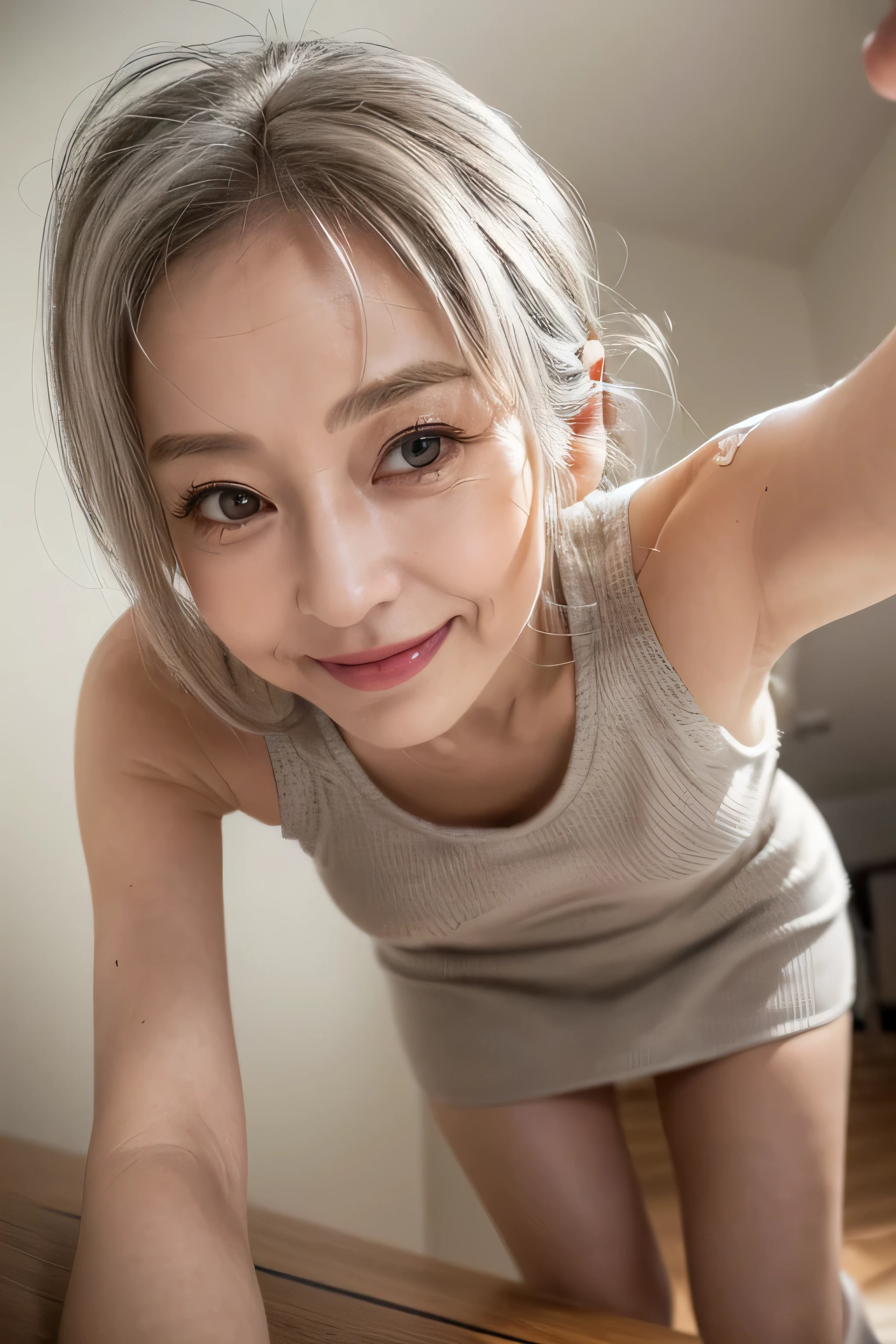 (((realistic,masterpiece))),(65 years old:1.4),silver hair,(there are many wrinkles on her face:1.3),old woman,((brown one-piece knit,miniskirt)),smile,wave hair,erotic face,Enhance,make room,(((Composition from below,under view))),under view