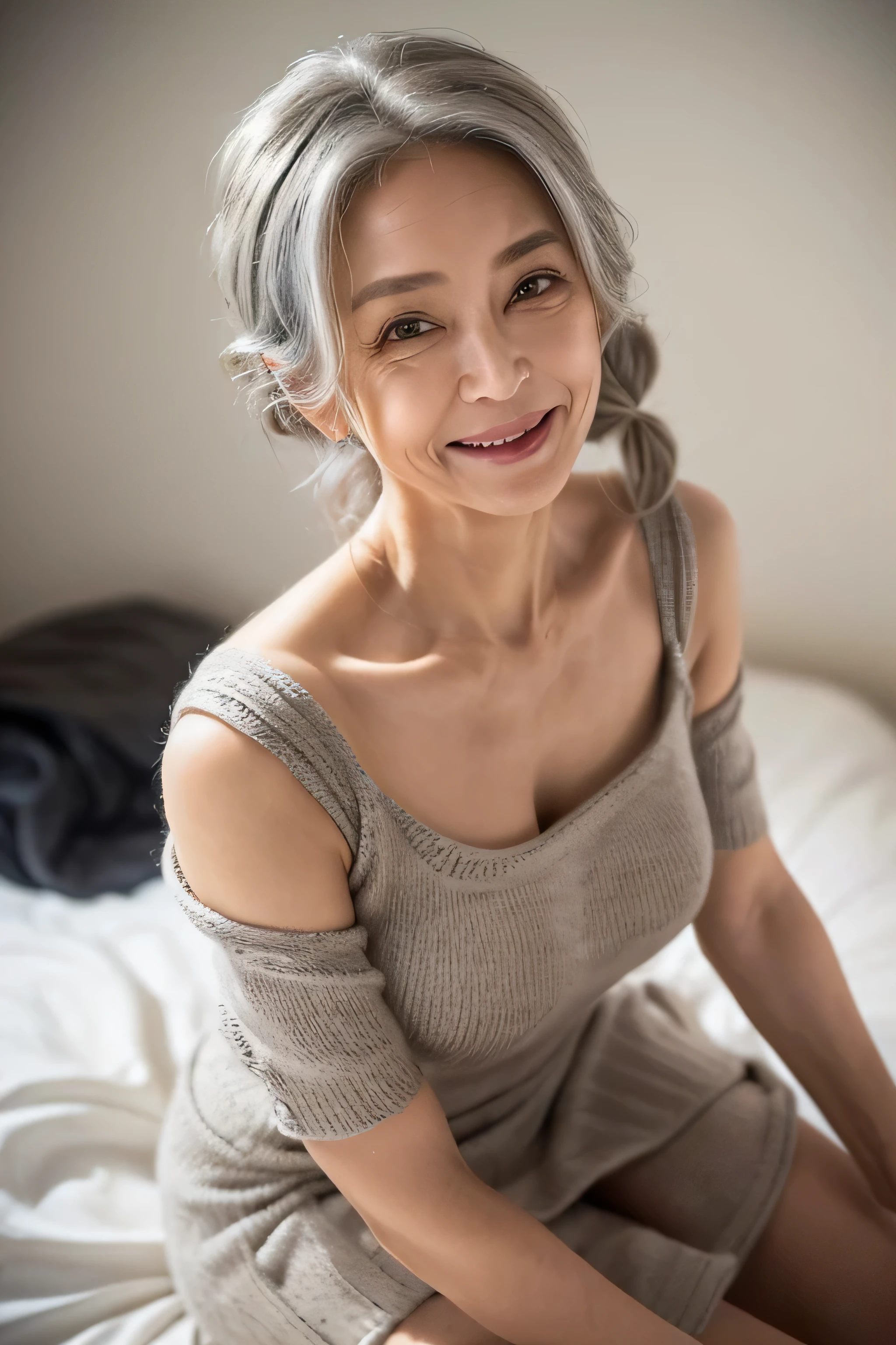 (((realistic,masterpiece))),(65 years old:1.4),silver hair,(there are many wrinkles on her face:1.3),old woman,((brown one-piece knit,miniskirt)),smile,wave hair,erotic face,Enhance,make room,(((Composition from below,under view))),under view