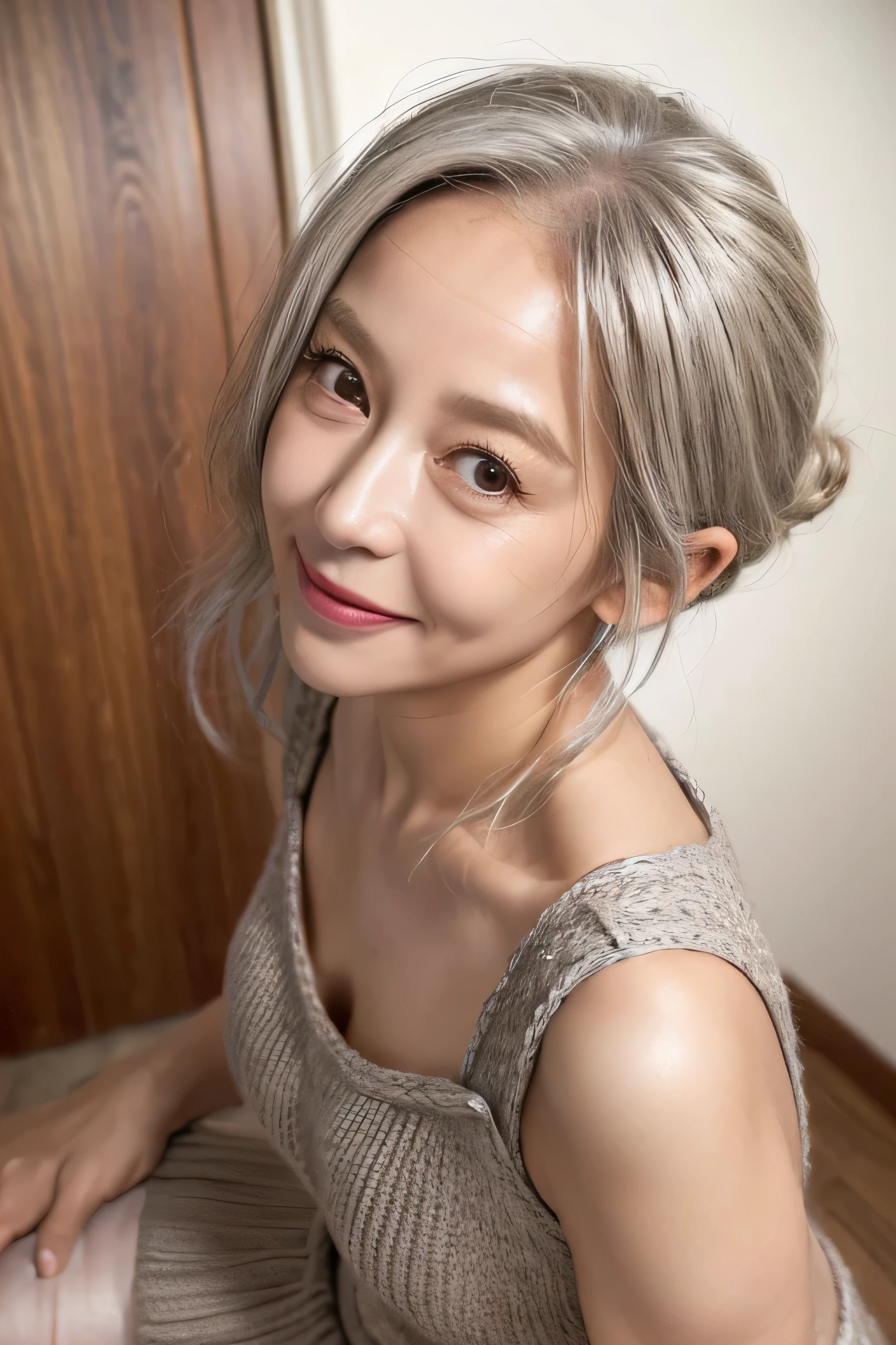 (((realistic,masterpiece))),(65 years old:1.4),silver hair,(there are many wrinkles on her face:1.3),old woman,((brown one-piece knit,miniskirt)),smile,wave hair,erotic face,Enhance,make room,(((Composition from below,under view))),under view