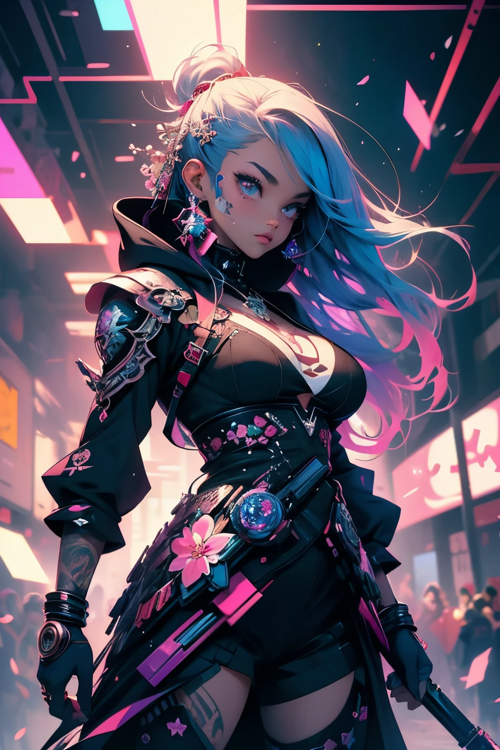 (masterpiece, top quality, best quality, official art, beautiful, cosmic, atmospheric, psychedelic, dreamlike and aesthetic, the most beautiful and highly detailed Harajuku-inspired hooded cyberpunk battle armor, super huge enormously gigantic tits, tons of tattoos and piercings:1.2), (1girl), extreme detailed,(fractal art:1.3),colorful,highest detailed, cherry blossoms blowing in the wind