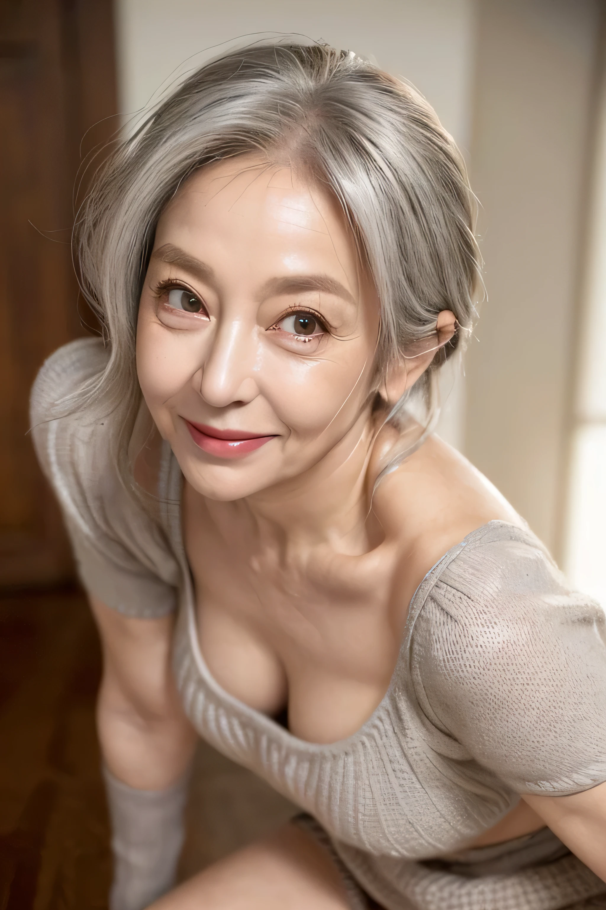 (((realistic,masterpiece))),(65 years old:1.4),silver hair,(there are many wrinkles on her face:1.3),old woman,((brown one-piece knit,miniskirt)),smile,wave hair,erotic face,Enhance,make room,(((Composition from below,under view))),under view