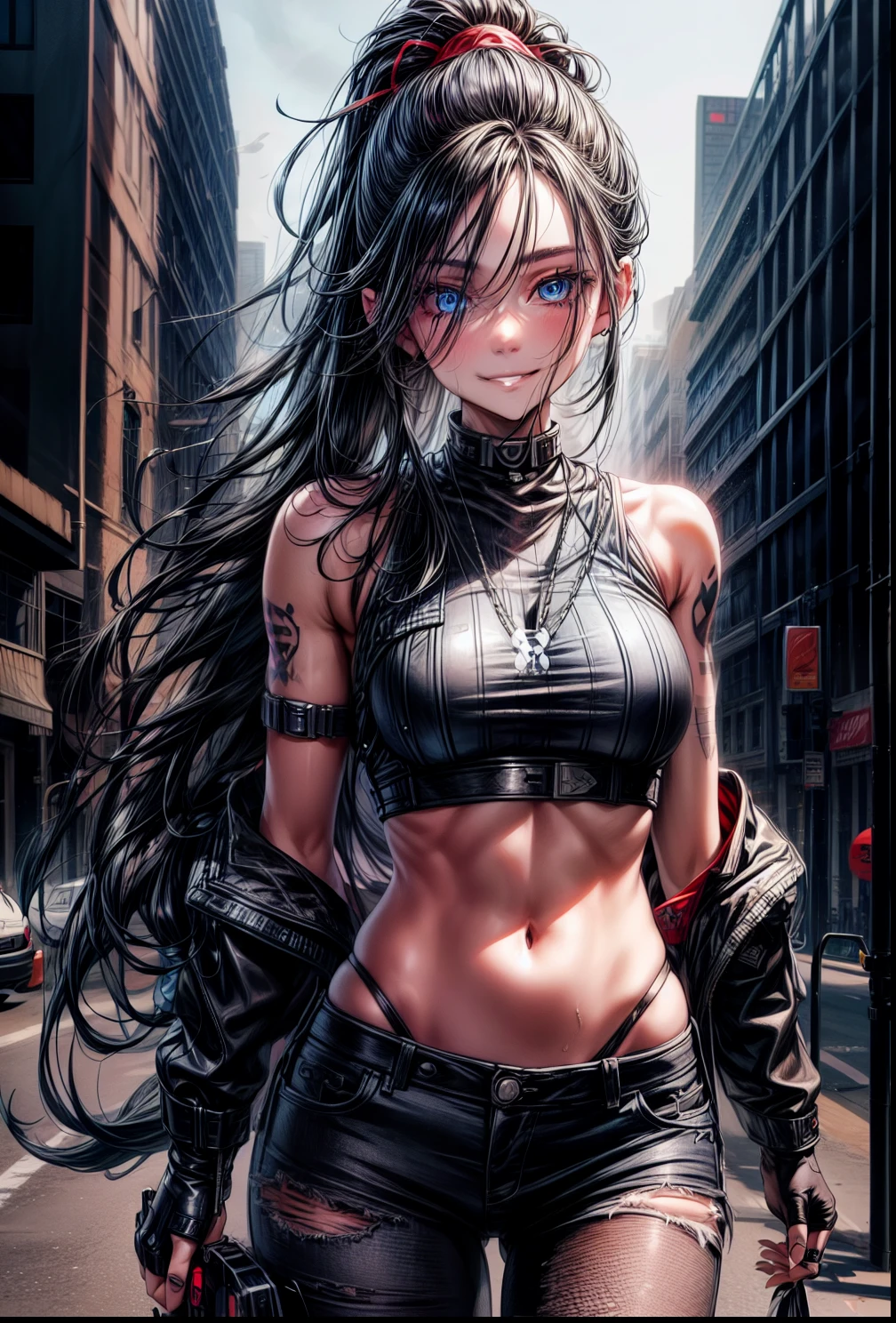 1girl, Long black hair, high ponytail, blue eyes, Smile, beatiful face, bodyarmor, Sleeveless, Drawing of the skull, Jeans, circuits, arma, brawn, Punisher Seal, tattoo, Masterpiece, hiquality, 4k, HD, Good detail, street background 