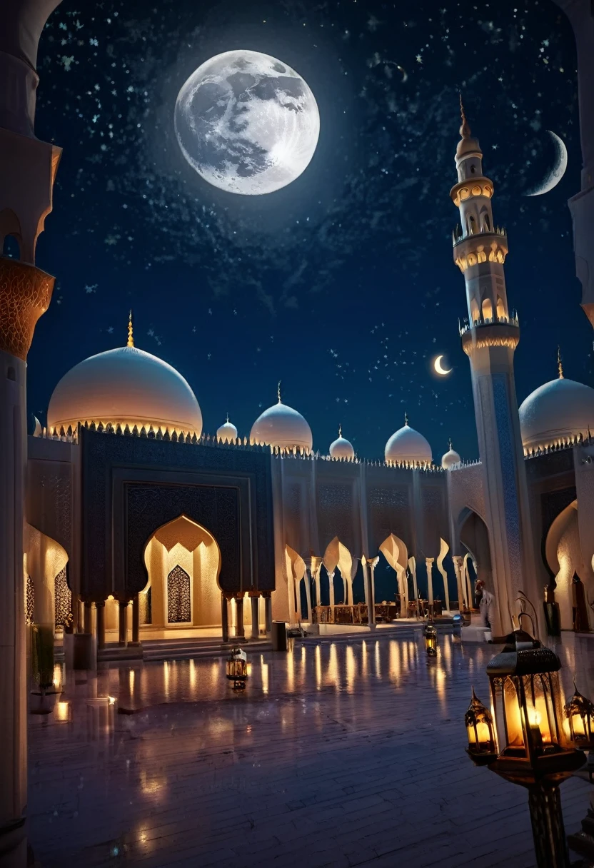 a mosque with a crescent and lanterns in the night, arabian night, arabian nights, themed on the stars , ☁🌪🌙👩🏾, mosque, night with moon and candle, moon and candle, at nighttime, ✨🕌🌙, moon and stars, the moon and stars, arabian art, 8k high quality detailed art, dreamy night