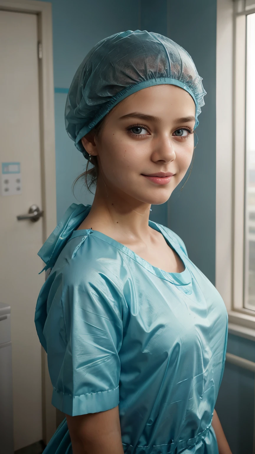 Ultra realistic, pediatric girl patient (Kristina Pimenova)  young  girl, 10 years old,  ,  Beautiful, detailed face, detailed eyes, (realistic skin:1.3), (pale skin:1.1), (textured skin:1.3), (()), big smile, (iphone photograph),  ), (artificial lighting:1.3),  standing in medical changing room,  beautiful face, big eyes, big smile, detailed face,  wears teal nylon patient gown , putting long patient gown on,  back-tied patient gown, female  figure, high closed crew-neck, bokeh, all wearing large  teal nylon bouffant cap , , large surgical bouffant cap covering hair and ears, ultra-short blonde hair fully covered by nylon shower cap, no hair tails, standing in hospital room