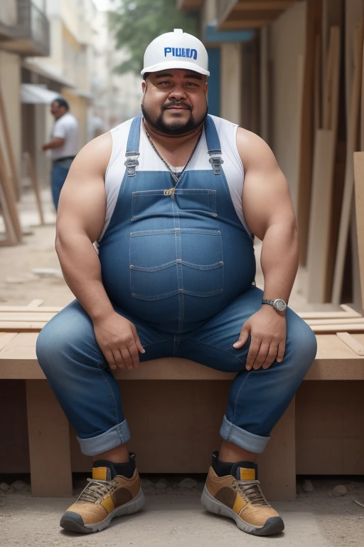 He is sitting with his legs open on construction materials, he is sitting on iron beams, ele fuma Seu charuto, He wears a construction worker uniform, He is gesturing and talking to the viewer with his hands, muscular turkish construction worker, muito peludo, peitorais grandes e carnudos, regata, Generate an image of a middle-aged man facing the camera. He has a friendly and expressive appearance. His size is fat and overweight, sofre de obesidade e, Like many of us, he's a guy,has no hair and ]It possesses a variety of physical characteristics. He's wearing casual clothes, And his posture is confident. A imagem captura a personalidade e individualidade dele, ELE ESTA FELIZ, chains on the neck. muscular turkish construction worker, muito peludo, peitorais grandes e carnudos, regata.