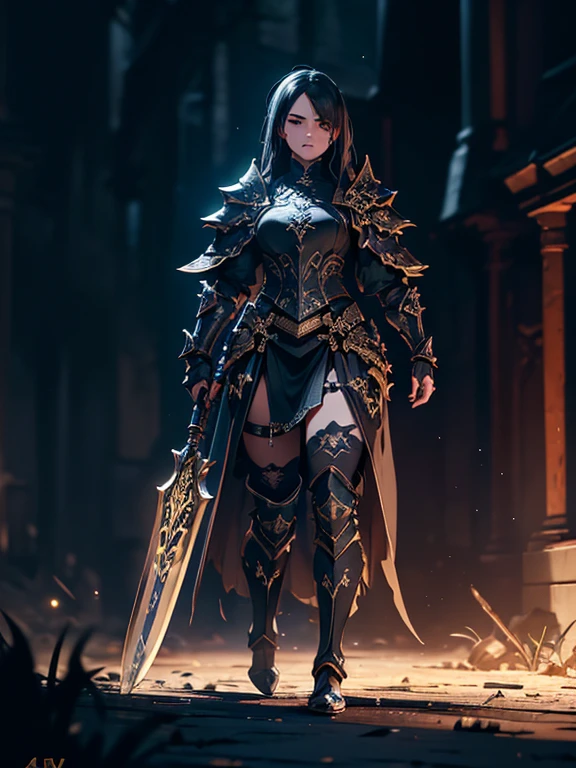 A dark and cursed female game character, wearing ornate black and gold armor, wielding a cursed blade, with dark vambraces and cursed boots, in a gloomy, atmospheric lighting, full body shot, (best quality,4k,8k,highres,masterpiece:1.2),ultra-detailed,(realistic,photorealistic,photo-realistic:1.37),HDR,UHD,studio lighting,ultra-fine painting,sharp focus,physically-based rendering,extreme detail description,professional,vivid colors,bokeh,dark fantasy,concept art
