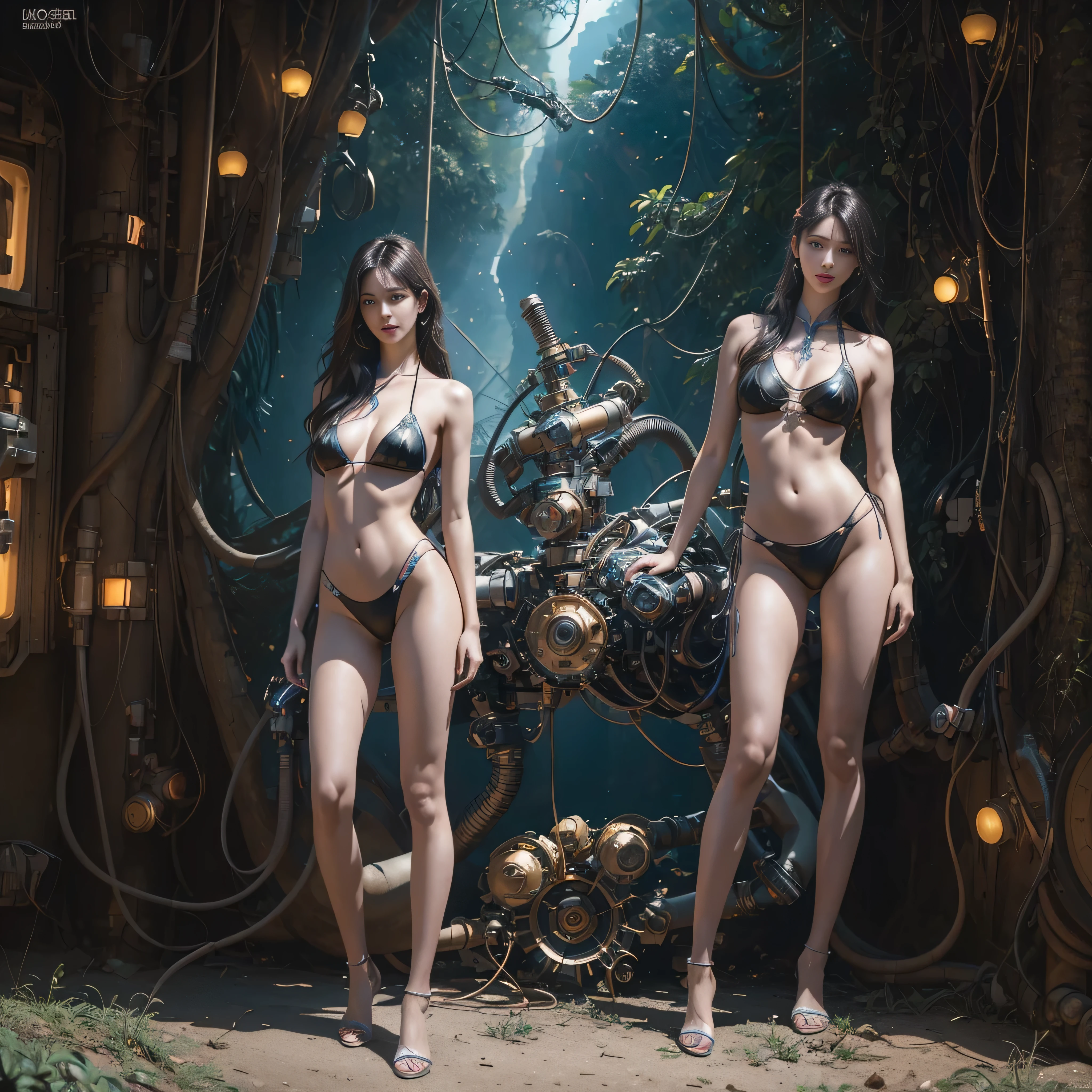 Premium quality, Masterpiece, Ultra high resolution, ((Photorealistic: 1.4), Raw photo, 1 cyberpunk girl, Glowing skin, 1 Mechanical girl, ((standing, true to life copy)), (Ultra realistic details) ), mechanical limbs, tubes connected to the mechanical parts, mechanical vertebrae attached to the spine, mechanical cervical attachment to the neck, wires and cables connecting to the head, Evangelion, Ghost in the Shell, small glowing LED lamps, global illumination , deep shadows, Octane Rendering, 8K, Ultra Sharp, Metal, Intricate ornament details, baroque details, very intricate details, realistic light, facing the camera, neon details, (beautiful bare legs, perfect female legs, perfect measurements) , tiny bikini, "crotch view", young woman, defined face, beautiful face, crimson lips, lips parted, sticky mascara, (In the hot forest, summer). (Android factory in the background), exudes sensuality, high resolution, hyperrealism, VRAY, ((coming out of whirlpool of light space-time-portal))