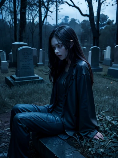 Cemetery, creepy cemetery, dark, darkness, rainy, scary, graves, rainy, trees, dark, girl leaning agaisnt grave, dark haired girl leaning agaisnt gravestone, sitting,  laying with back agaisnt gravestone, dark, girl sulking, girl resting, girl sitting leaning back with head against a gravestone, sad, grey