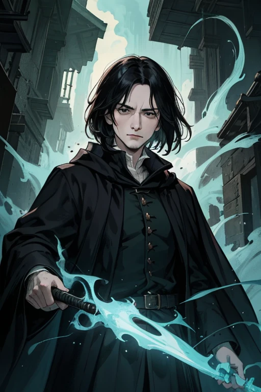 Severus snape, closeup of a dark scene, masterpiece, best quality, handsome angry male thief assassin rogue, short dark black hair, black eyes, wearing mage cloak hooded, dark shadow magic with green flames, 4k