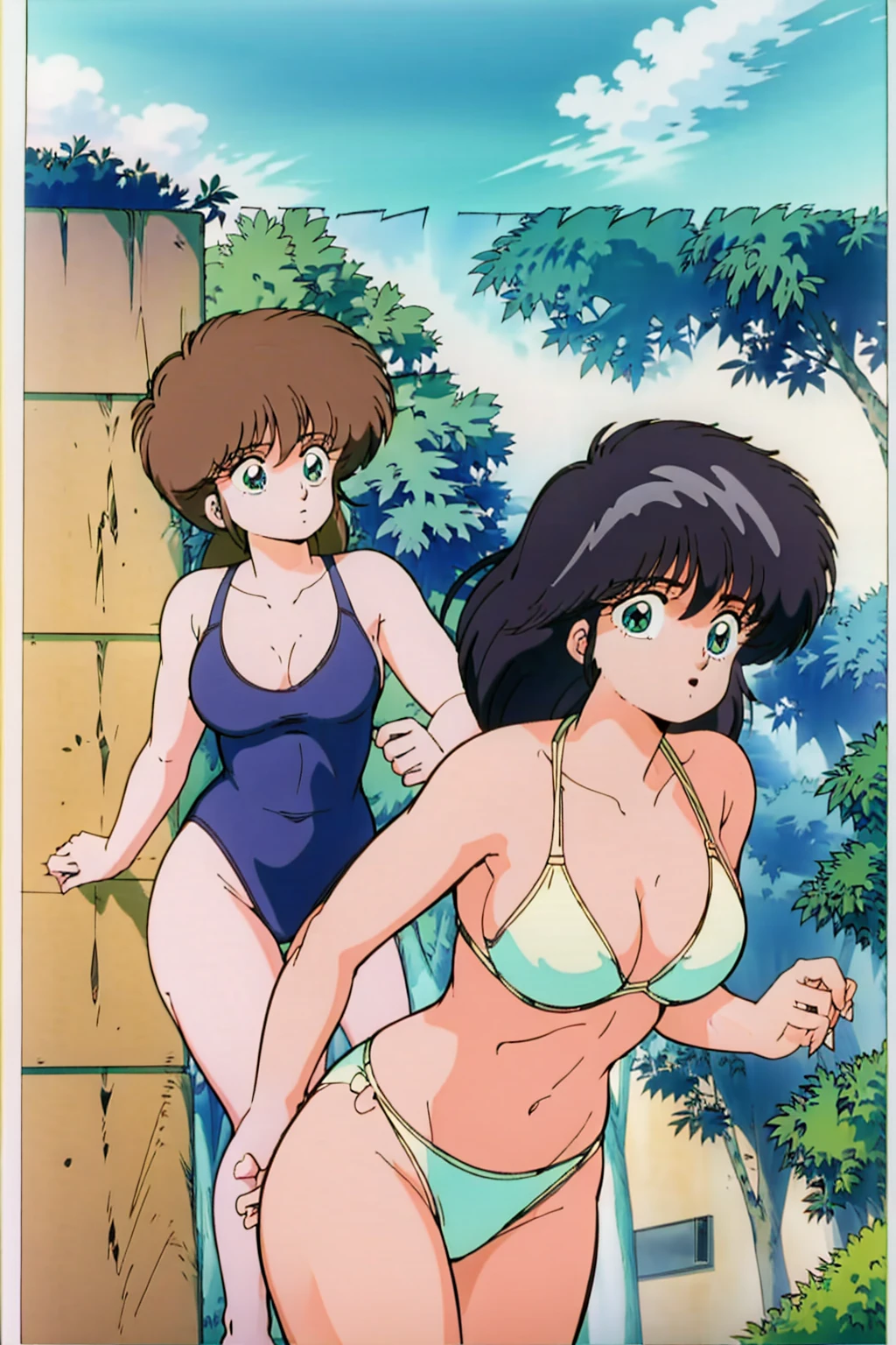 masterpiece, highest quality, disorganized, retro artstyle, 1980s \(style\)))), look viewer, 2 girls, chaseing on the beach, (Madoka Ayukawa, running away long hair, white bikini) (a girl hikaru hiyama chasibg short hair, vermilion one-piece swimsuit),