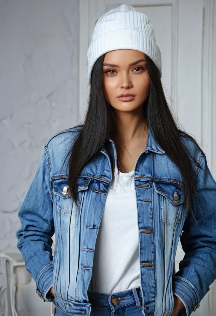 European woman with long dark hair in blue denim jacket, in room, woman in white hat on her head, ultra detailed photo, photo SDXL 
