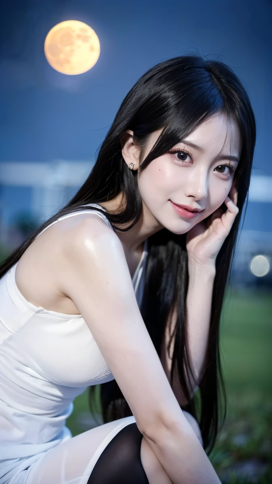 ((((masterpiece, highest quality, High resolution)))), Extremely detailed 8K, Beautiful girl with a voluptuous body, (Ultra HD, Super detailed, Very detailed, Very realistic, Ultra-realistic, Photo Real),Detailed Background,
(cute:1.5),(smile),(Shiny skin:1.3),
Upturned eyes, Small face,Sharp features,Big eyes,(compensate:1.3、jirai girl:1.3),
(Fantastic nature background,Big full moon,Midnight,Moonlight,In the background is a beautiful, clear night sky.:1.3),
break
(Are standing:1.3),(Black Hair),Layered Hairstyles,(Long Hair:1.3),Big Breasts,(Slender figure:1.5),
(Head to knees diagram:1.3),Front face,