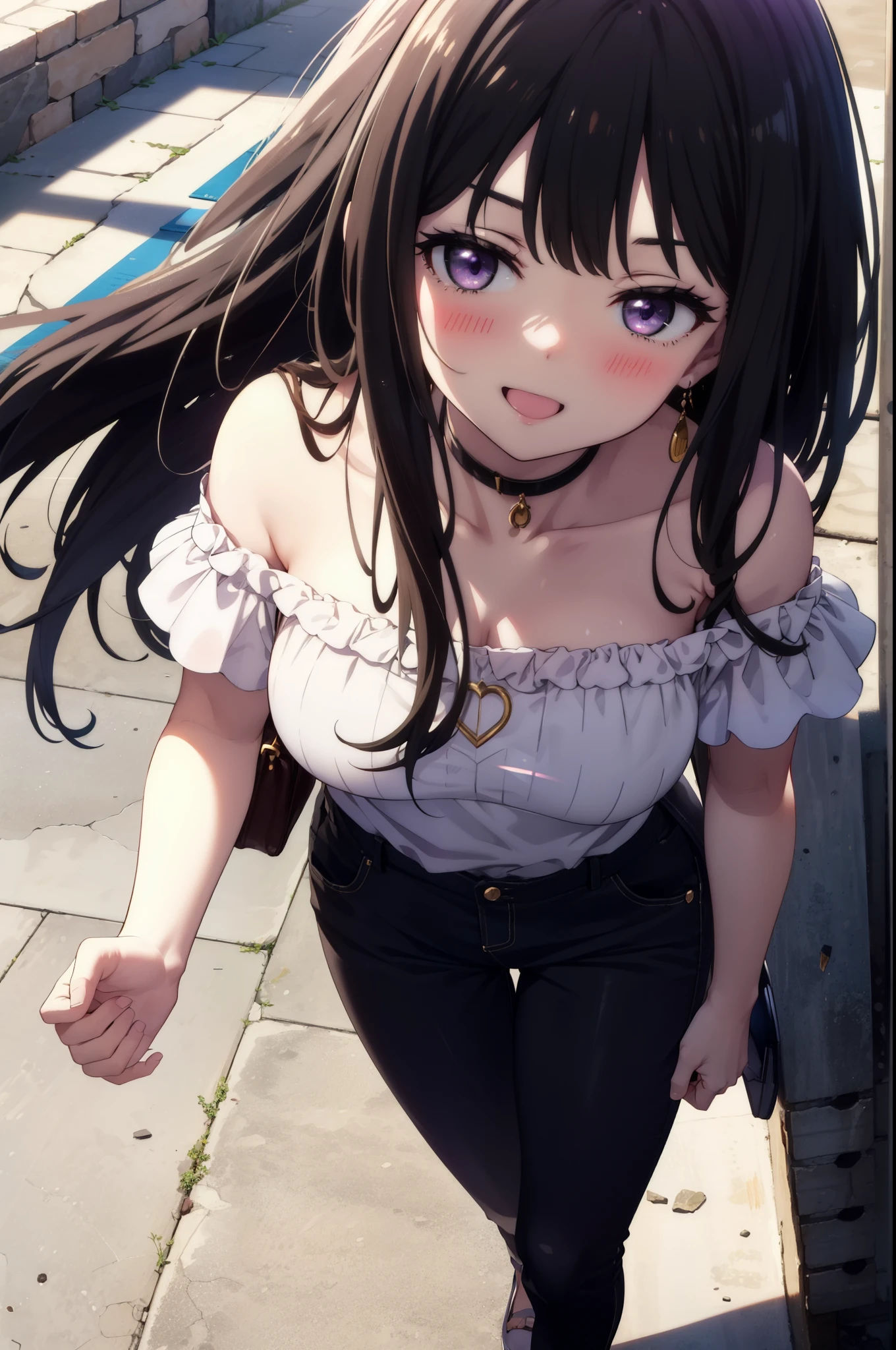 Takiuchi, Check it out, Long Hair, bangs, Black Hair, (Purple eyes:1.2),happy smile, smile, Open your mouth,
hair band,Cord off-shoulder top,Short sleeve,skinny pants,Stiletto heels,morning,morning陽,The sun is rising,Walking,whole bodyがイラストに入るように,Looking down from above,
break outdoors, In town,Building district,
break looking at viewer, whole body,
break (masterpiece:1.2), highest quality, High resolution, unity 8k wallpaper, (figure:0.8), (Beautiful fine details:1.6), Highly detailed face, Perfect lighting, Highly detailed CG, (Perfect hands, Perfect Anatomy),