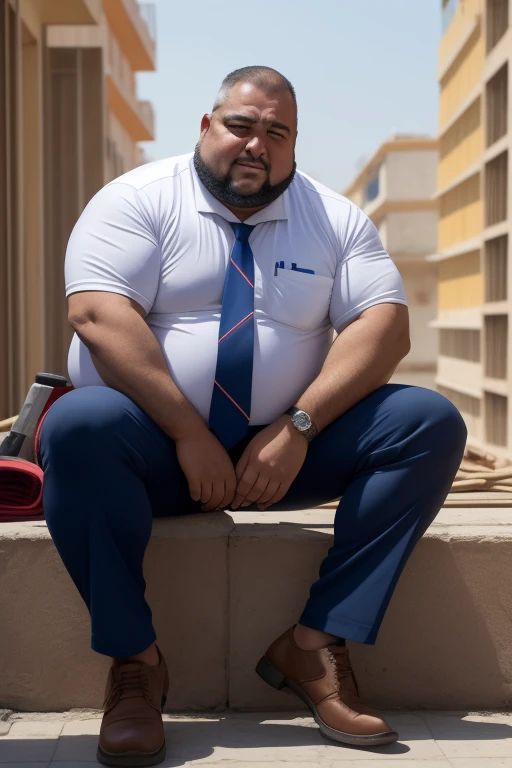 He wears a business uniform, suit, tie, dress pants, formal shoes, prescription glasses, ele fuma o seu charuto cubano, He is sitting with his legs open on construction materials, he is sitting on iron beams, ele fuma Seu charuto, He wears a construction worker uniform, He is gesturing and talking to the viewer with his hands, muscular turkish construction worker, muito peludo, peitorais grandes e carnudos, regata, Generate an image of a middle-aged man facing the camera. He has a friendly and expressive appearance. His size is fat and overweight, sofre de obesidade e, Like many of us, he's a guy,has no hair and ]It possesses a variety of physical characteristics. He's wearing casual clothes, And his posture is confident. A imagem captura a personalidade e individualidade dele, ELE ESTA FELIZ, chains on the neck. muscular turkish construction worker, muito peludo, peitorais grandes e carnudos, regata.