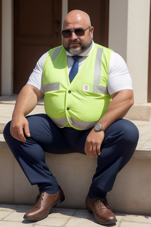 He wears a business uniform, suit, tie, dress pants, formal shoes, prescription glasses, ele fuma o seu charuto cubano, He is sitting with his legs open on construction materials, he is sitting on iron beams, ele fuma Seu charuto, He wears a construction worker uniform, He is gesturing and talking to the viewer with his hands, muscular turkish construction worker, muito peludo, peitorais grandes e carnudos, regata, Generate an image of a middle-aged man facing the camera. He has a friendly and expressive appearance. His size is fat and overweight, sofre de obesidade e, Like many of us, he's a guy,has no hair and ]It possesses a variety of physical characteristics. He's wearing casual clothes, And his posture is confident. A imagem captura a personalidade e individualidade dele, ELE ESTA FELIZ, chains on the neck. muscular turkish construction worker, muito peludo, peitorais grandes e carnudos, regata.