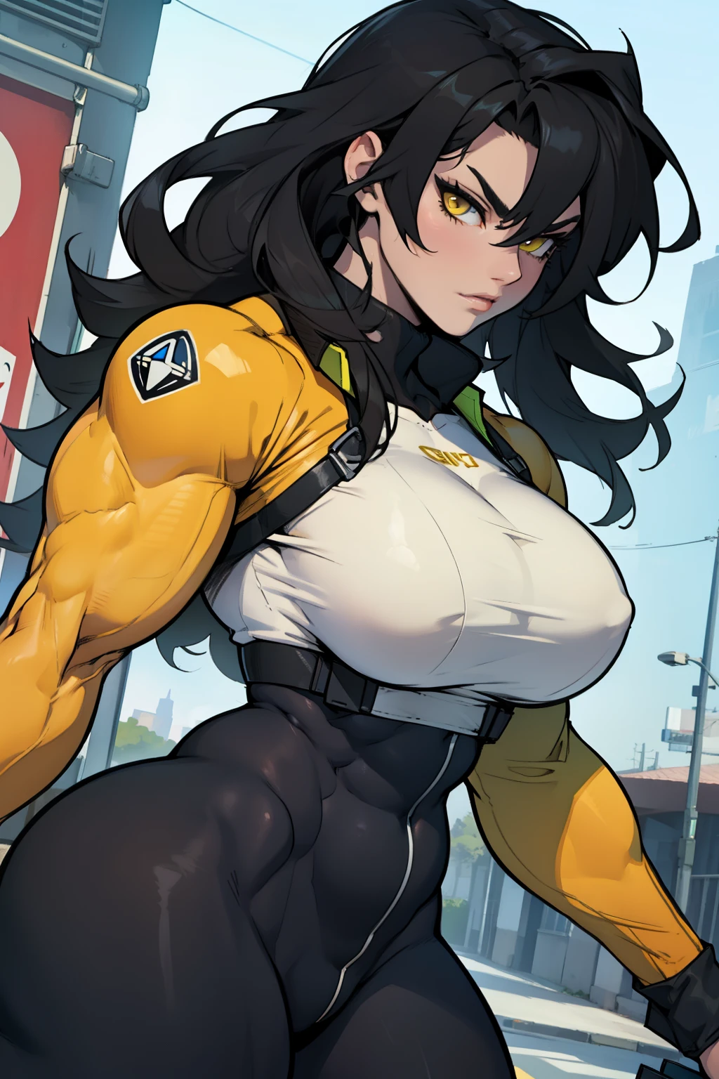 muscular muscular muscular large breasts large breasts large breasts thick thick thick thick thick thick black hair yellow eyes pale skin long hair skintight