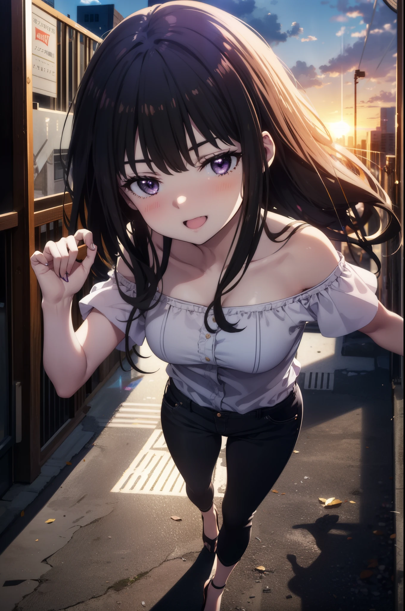Takiuchi, Check it out, Long Hair, bangs, Black Hair, (Purple eyes:1.2),happy smile, smile, Open your mouth,
hair band,Cord off-shoulder top,Short sleeve,skinny pants,Stiletto heels,morning,morning陽,The sun is rising,Walking,whole bodyがイラストに入るように,Looking down from above,
break outdoors, In town,Building district,
break looking at viewer, whole body,
break (masterpiece:1.2), highest quality, High resolution, unity 8k wallpaper, (figure:0.8), (Beautiful fine details:1.6), Highly detailed face, Perfect lighting, Highly detailed CG, (Perfect hands, Perfect Anatomy),