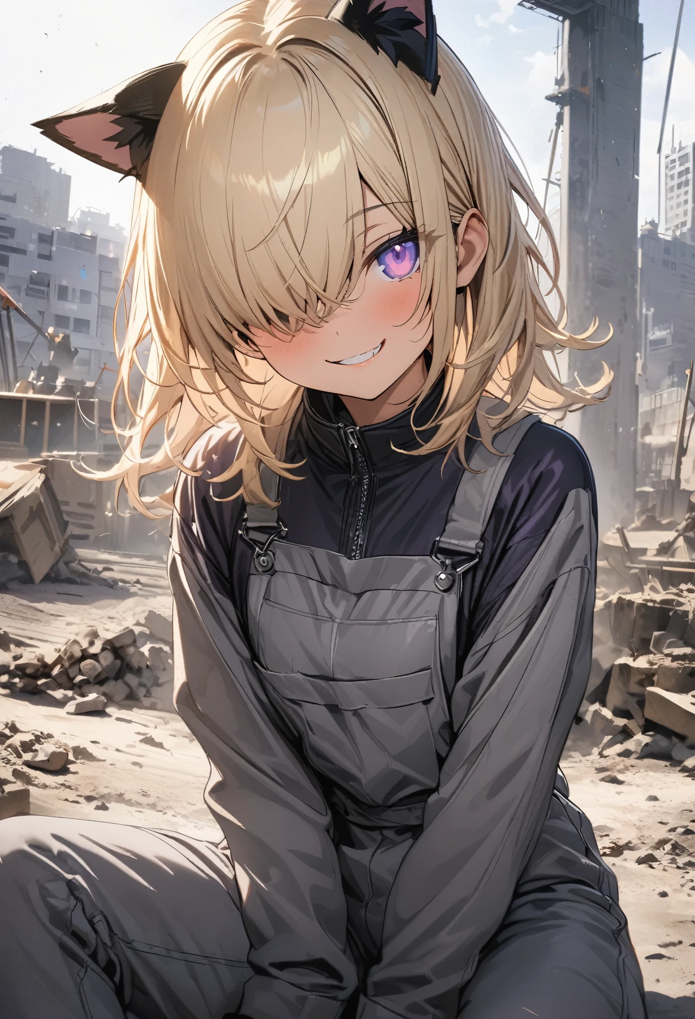 ((Masterpiece)), (Anime:1.3), ((best quality)), (super detail:1.2), (High Definition:1.3), (Professional Photography:1.2), (12 years old), (1girl), cute young girl, (Healthy Slender body), (Sitting Cute posing), (smirk), (Beautiful purple daiamond eyes:1.5), (dark skin), (Cat ears), wearing Gray Workwear Coveralls, small breast, slender waist, BREAK, ((best quality)), (super detail:1.2), (hair over eyes:1.2), Silky unruly hair, medium hair, ((blond hair)), wearing Gray Workwear Coveralls, (on the construction site), (sharp focus), (perfect light),