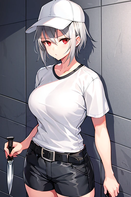 1girl, grey hair, silver hair, gray hair, very short hair, red eyes, serious, glowing eyes, large breasts, mature female, athletic female, toned, short pants, shorts, white shirt, shirt, belt, knife, cap, baseball cap, headphones