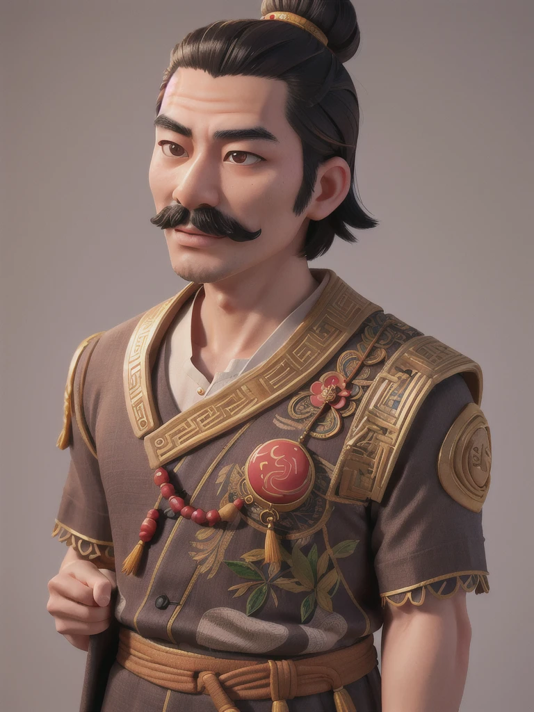 a chinese man with mustache, chinese clothes, detailed facial features, intricate traditional chinese ornaments, beautiful detailed eyes, beautiful detailed lips, extremely detailed face, long eyelashes, cinematic lighting, vibrant colors, highly detailed, photorealistic, 8k, masterpiece, concept art