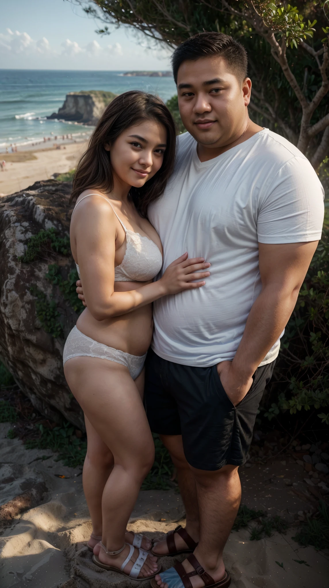 ((photorealistic, masterpiece, high details, best quality, UHD 32K, RAW photo), looking at viewers, smilling, (( full body shot )), far angle shot, full body. A couple of girl and boy, ((1boy, 1girl)), standing together, under the tree and near the clift, hugging, girl standing beside a man. girl: cute smile, brown hair, medium short hair, beauty, chubby, young girl, 20 yo, beautiful face, natural makeup, perfect body shape, small waist, pretty face, perfect firm breast, medium breast, white lace bra, white panties, white sandals. boy: Asian guy, fat guy, dark skin man, tan skin man, fat boy, average height, dad body type, fat body, black hair, short pants, shirt. background: beach, tree, cliff, ocean, sunset, scenery background, near the cliff,hug,photorealistic